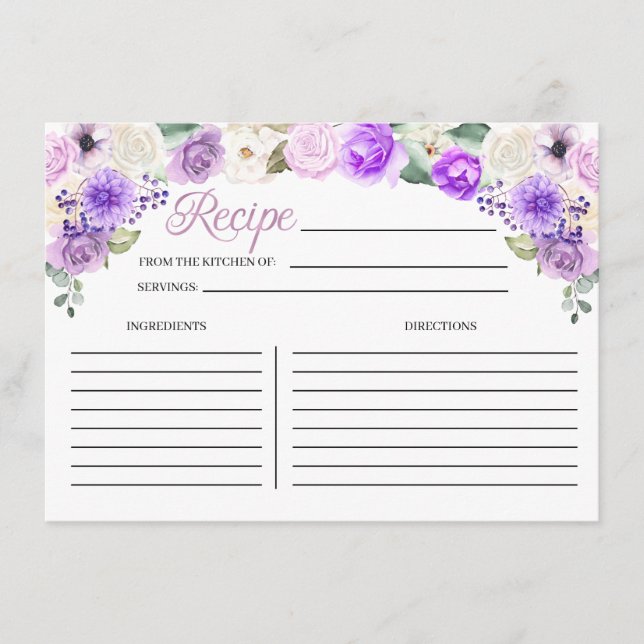Recepción Tarjeta de receta de la ducha de novia floral Purp (Anverso)