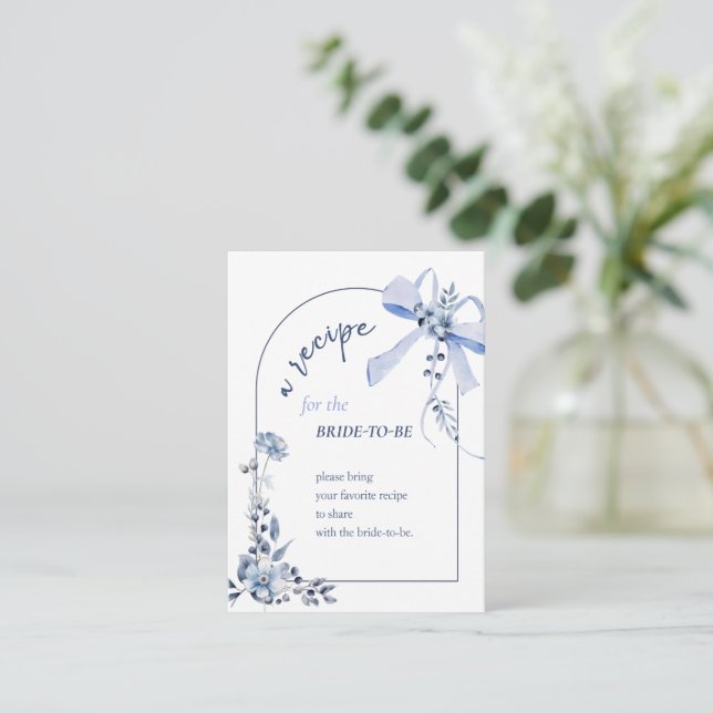 Recepción Tarjeta de receta de novia con floral azul Bow (Anverso de pie)