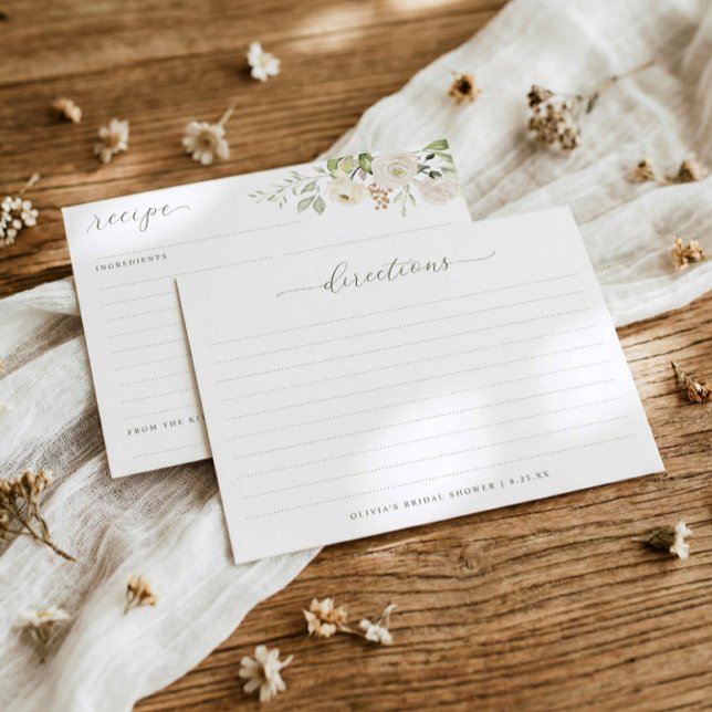 Recepción Tarjeta de Receta de Regadera Nupcial con Acuarela (Elegant bridal shower recipe cards with watercolor white flowers and greenery - double sided)