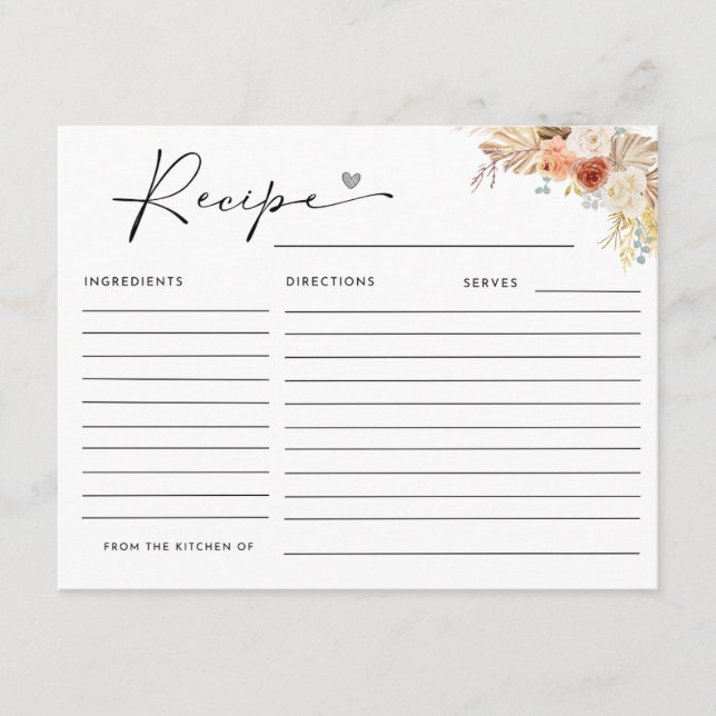 Recepción Tarjeta de recetas rusas para el Boho Arch Pampas (Anverso)