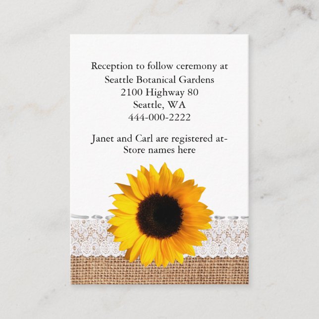 Recepción Tarjeta de recinto para Bodas de Burlap y Sunflowe (Anverso)