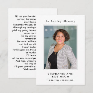 Recepción Tarjeta de recuerdo conmemorativo de funeral simpl