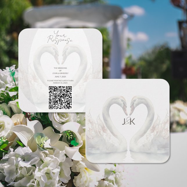 Recepción Tarjeta de respuesta con código QR para boda de ci (Romantic Swan Wedding QR Code RSVP Enclosure (front and back))