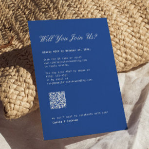 Recepción Tarjeta de respuesta de boda azul cobalto con códi