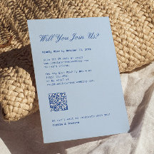 Tarjeta de respuesta de boda azul con código QR