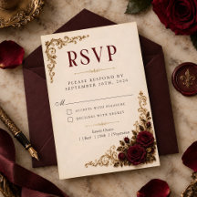 Tarjeta de respuesta de boda Burgundy de rosas gót