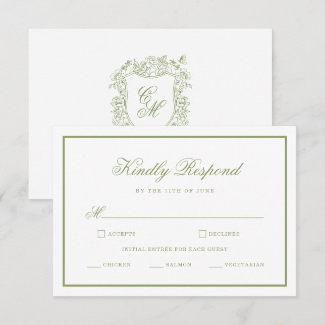 Recepción Tarjeta de respuesta de boda con monograma crest e (Anverso / Reverso)