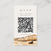 Tarjeta de respuesta de boda costera con código QR