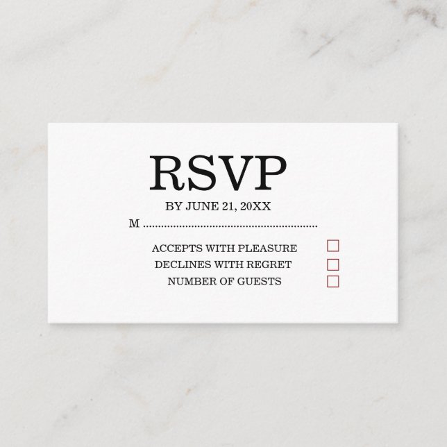 Recepción Tarjeta de respuesta de RSVP de boda simple (Anverso)