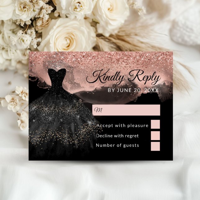 Recepción Tarjeta de respuesta para la quinceañera rosa dora (Rose Gold and Black Princess Quinceañera RSVP Cards)
