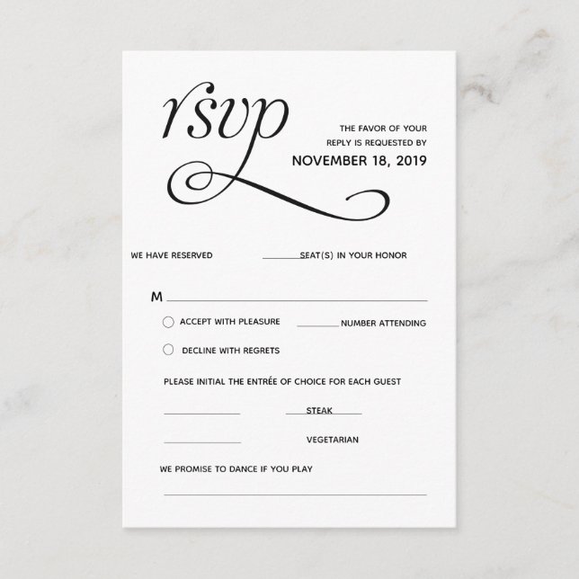 Recepción Tarjeta de Respuesta RSVP Clásica Elegante (Anverso)