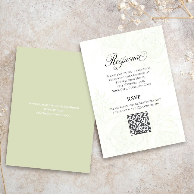 Recepción Tarjeta de respuesta RSVP con código QR para boda  (Light sage green wedding website card with minimalist text and modern layout.)