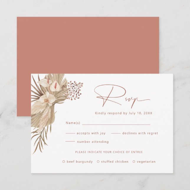 Recepción Tarjeta de respuesta RSVP de Boho Pampas Grass RSV (Anverso / Reverso)