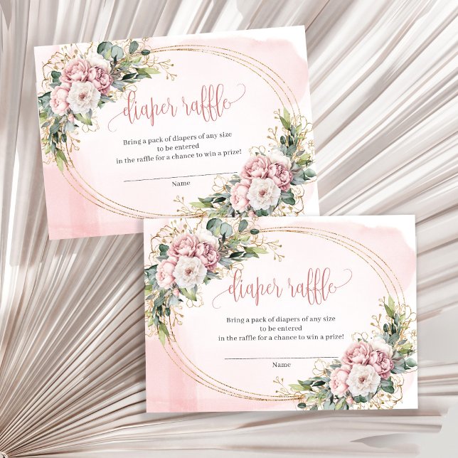 Recepción Tarjeta de rifa de flores de oro rosa para niña co (Rose Gold Flowers Eucalyptus Baby Girl Raffle Card)