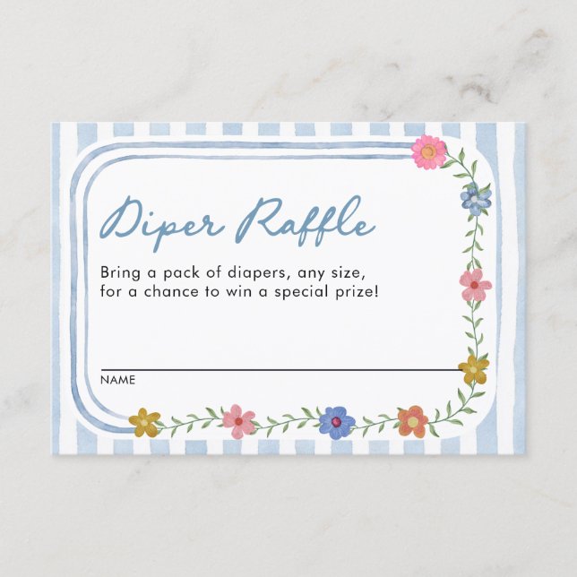 Recepción Tarjeta de rifa de pañales con flores azules (Anverso)