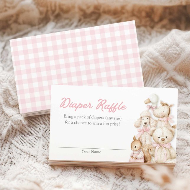 Recepción Tarjeta de rifa de pañales para bebé con gingham r (Pink Gingham Baby Animals Diaper Raffle Ticket Card)