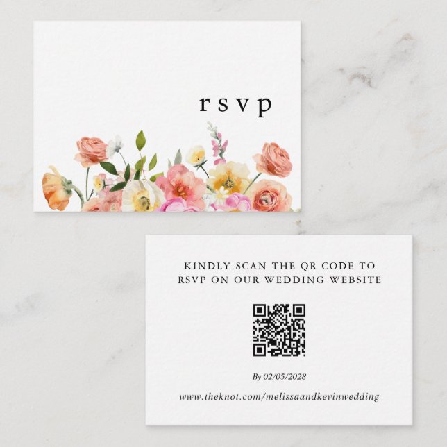 Recepción Tarjeta de RSVP de boda con código QR floral de ja (Anverso / Reverso)