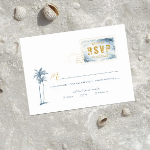 Recepción Tarjeta de RSVP de boda con sello de acuarela azul