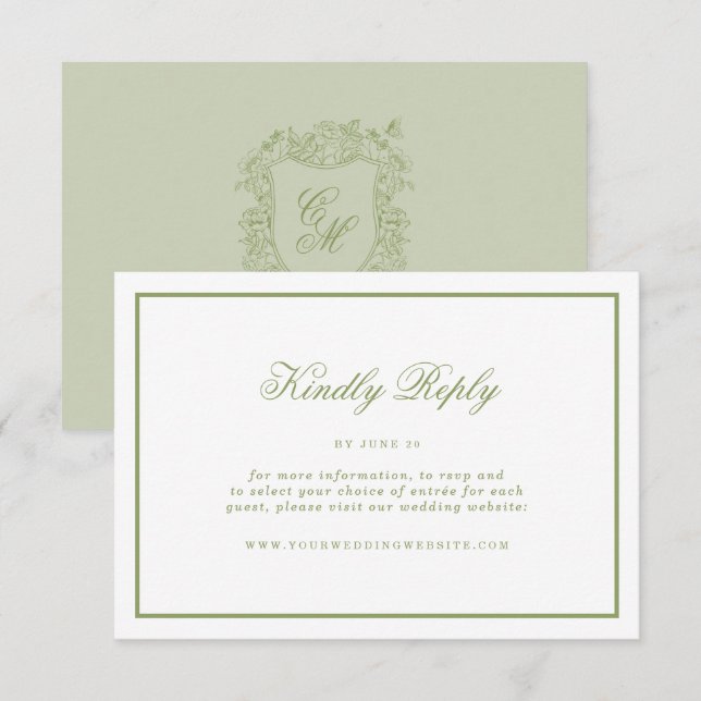 Recepción Tarjeta de RSVP de Boda de Jardín con Cresta Verde (Anverso / Reverso)