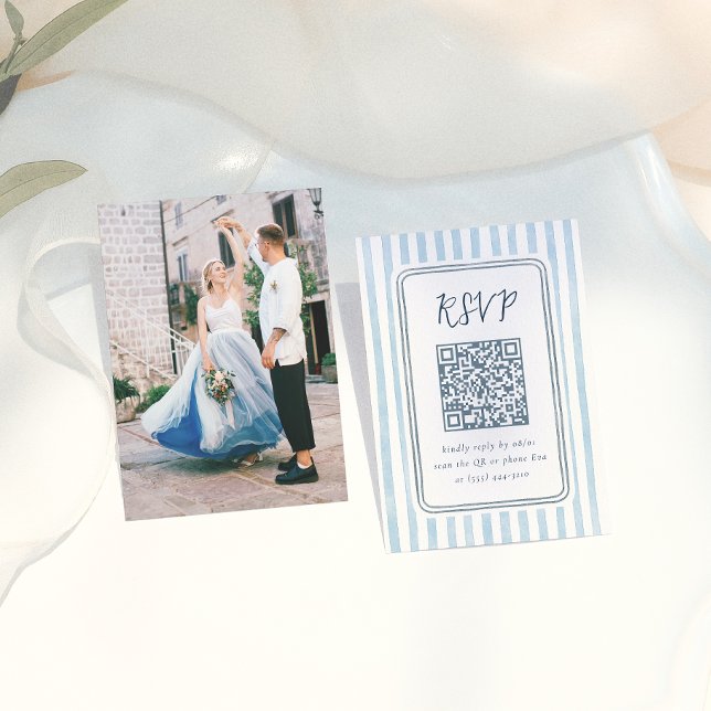 Recepción Tarjeta de RSVP de Boda de Rayas Azules Retro Capr (Subido por el creador)