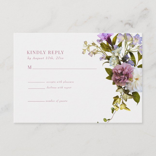Recepción Tarjeta de RSVP de Boda Flores Rosadas Purpura | F (Anverso)