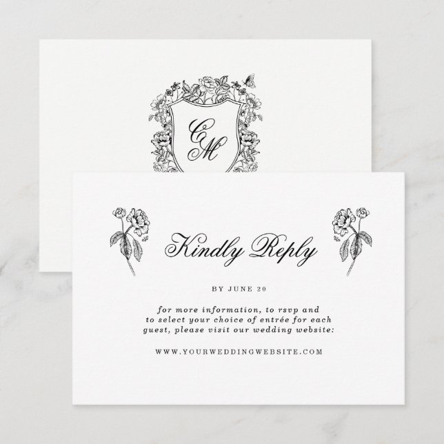 Recepción Tarjeta de RSVP en línea de boda con cresta floral (Anverso / Reverso)