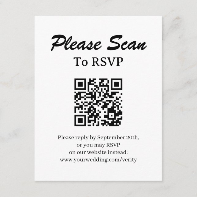 Recepción Tarjeta de RSVP Simple Moderna con Código QR Adjun (Anverso)