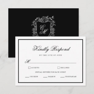 Recepción Tarjeta de RSVP Vintage Garden Crest negra y blanc