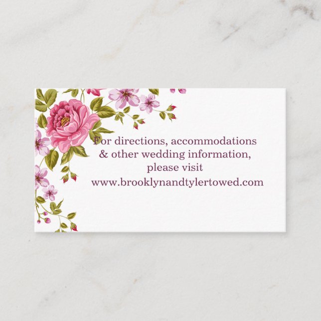 Recepción Tarjeta de sitio web de boda de flores de pastel (Anverso)