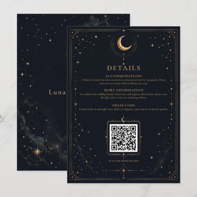 Recepción Tarjeta de sobre de boda celestial de medianoche (Anverso / Reverso)