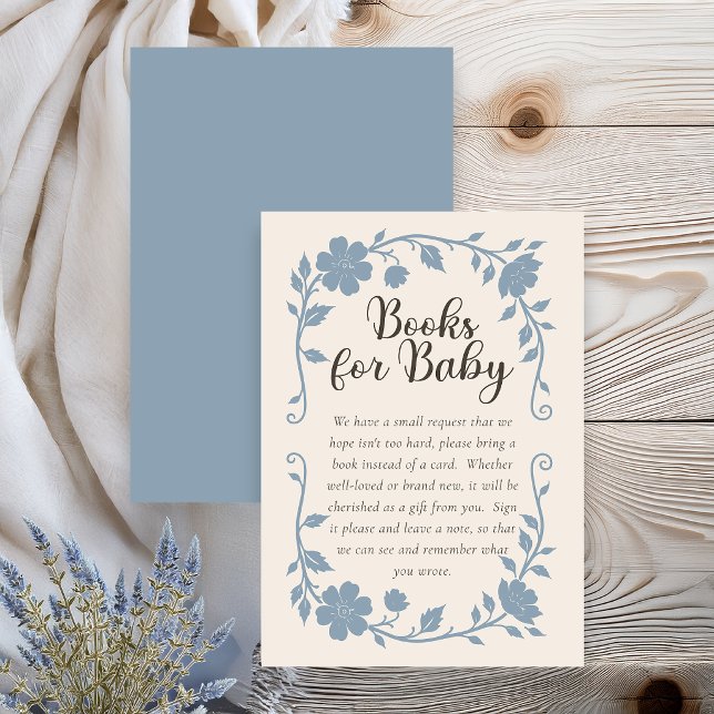 Recepción Tarjeta de Solicitud de Libro para Baby Shower Bot (Elegant botanical baby shower book request card with blue sage floral design on neutral background)