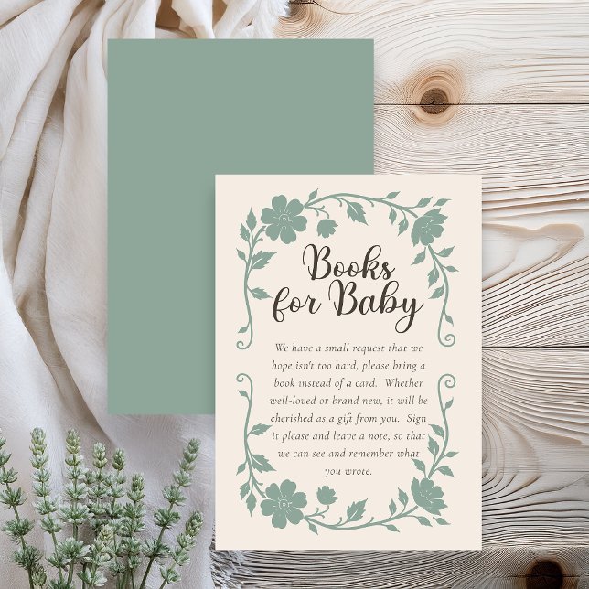 Recepción Tarjeta de solicitud de libro para baby shower bot (Elegant botanical baby shower book request card - neutral sage)
