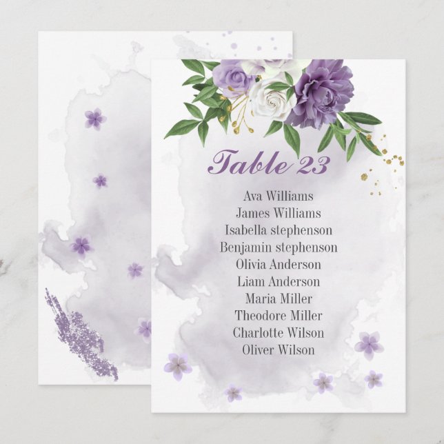 Recepción tarjeta gráfica de salón con flores moradas verde (Anverso / Reverso)