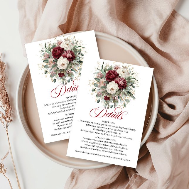 Recepción Tarjeta Informativa de Floral Rojo Intenso con Euc (Luxury Deep Red Floral Eucalyptus Gold Info Card)
