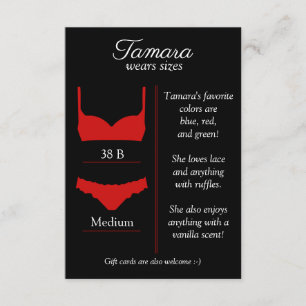 RECEPCIÓN TARJETA INSERTABLE DE TALLA DE ROPA INTERIOR DE CU