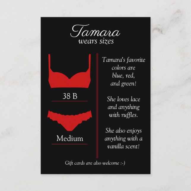 RECEPCIÓN TARJETA INSERTABLE DE TALLA DE ROPA INTERIOR DE CU (Anverso)