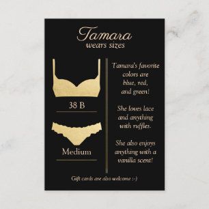 RECEPCIÓN TARJETA INSERTABLE DE TALLA DE ROPA INTERIOR DE CU