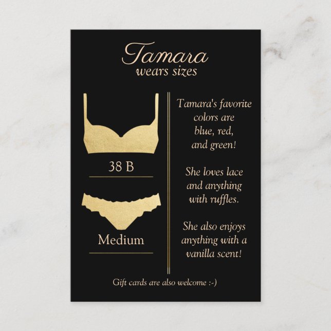 RECEPCIÓN TARJETA INSERTABLE DE TALLA DE ROPA INTERIOR DE CU (Anverso)