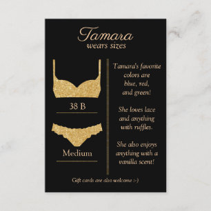 RECEPCIÓN TARJETA INSERTABLE DE TALLA DE ROPA INTERIOR DE CU