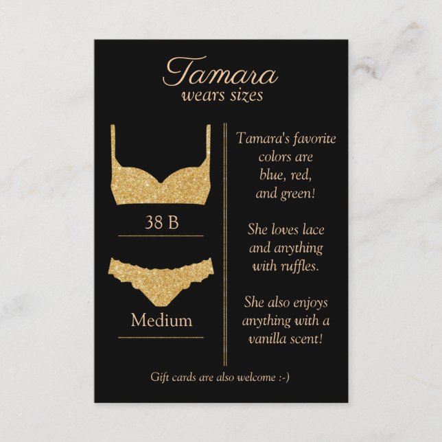 RECEPCIÓN TARJETA INSERTABLE DE TALLA DE ROPA INTERIOR DE CU (Anverso)