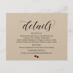 Recepción Tarjeta Kraft para detalles de gabinete del Boda d