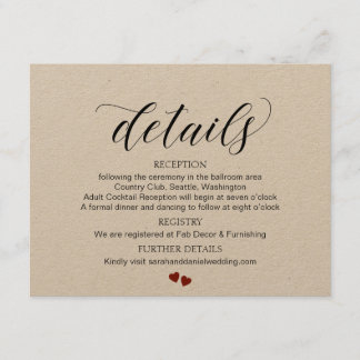 Recepción Tarjeta Kraft para detalles de gabinete del Boda d