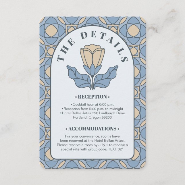 Recepción Tarjeta QR de Detalles de Boda Art Nouveau Azul Po (Anverso)