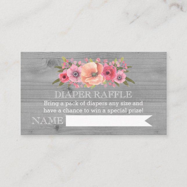 Recepción Tarjeta Raffle Diaper Baby Shower Floral de madera (Anverso)