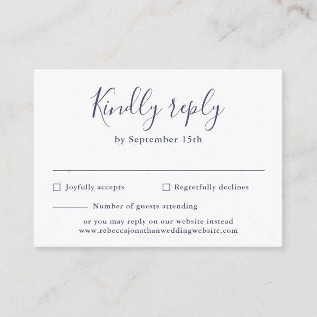 Recepción Tarjeta RSVP de boda azul mínima de la marina pres (Anverso)