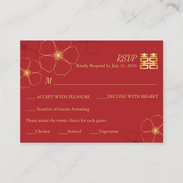 Recepción Tarjeta RSVP de Boda de Cerezo Rojo y Oro (Anverso)
