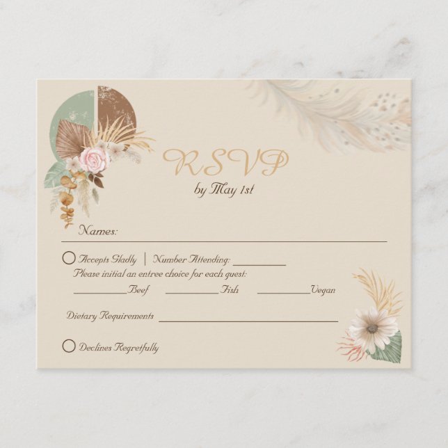 Recepción Tarjeta RSVP de Boho Beige Wedding Feather (Anverso)