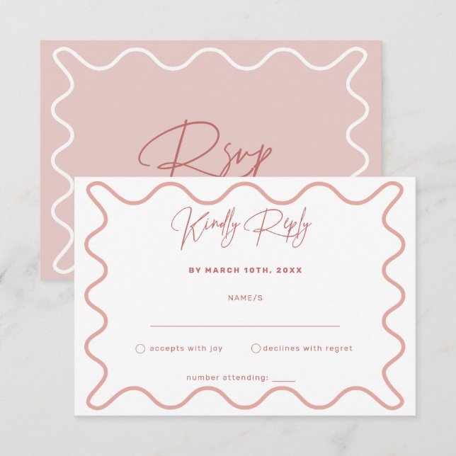 Recepción Tarjeta RSVP de borde de onda rosa y blanco (Anverso / Reverso)