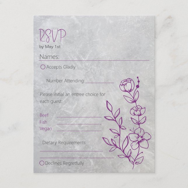 Recepción Tarjeta RSVP de concreto gris y morado de boda (Anverso)