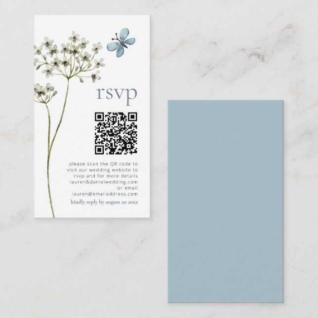 Recepción Tarjeta RSVP de mariposa Flor silvestre QR Boda az (Anverso / Reverso)